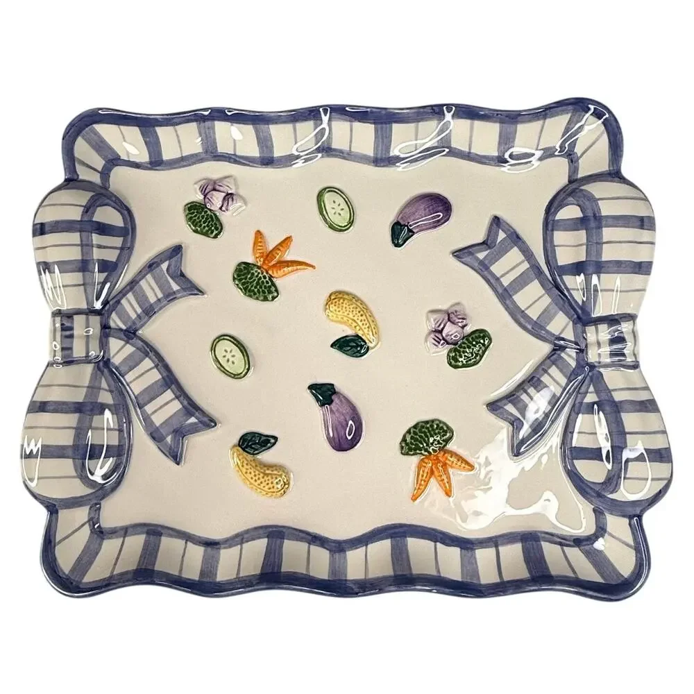 Vintage Fitz & Floyd Petits Veg Canape Vegetable Tray Blue Bow Tuscan Decor '94